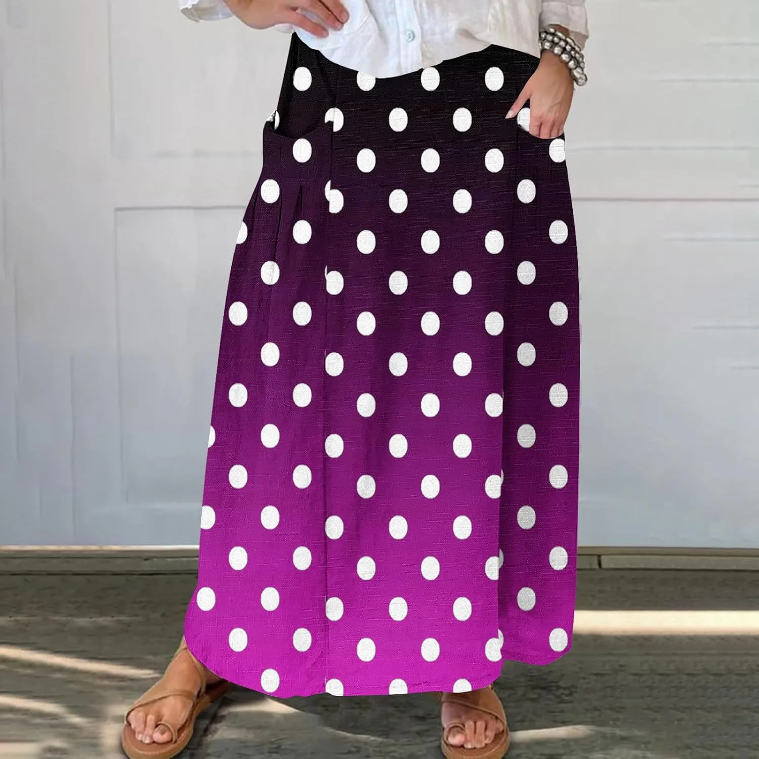 Womens Casual 2024 Printed Skirts Soft High Elastic Waisted Skirt Leisure Summer Pleated Midi Skirts with Pockets
