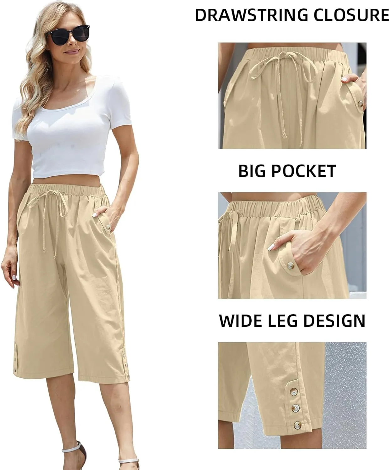 Women's Casual Cotton Pants Elastic Drawstring Capri Trousers Lightweight High Waisted Wide Leg Baggy Slacks