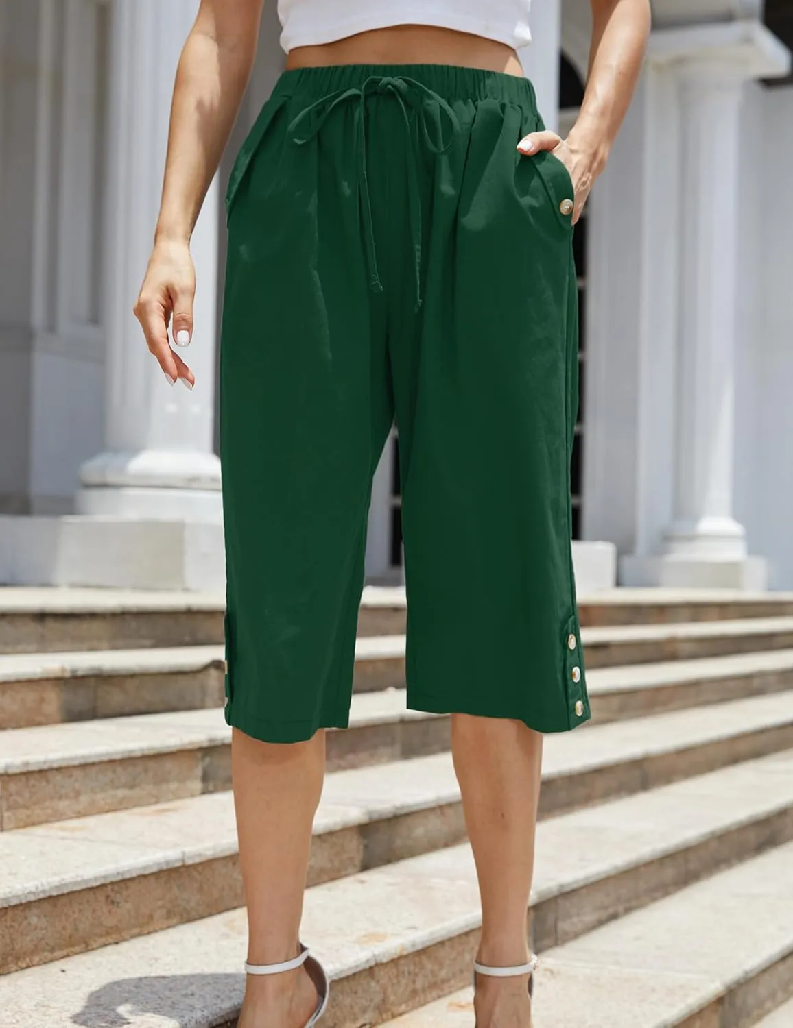 Women's Casual Cotton Pants Elastic Drawstring Capri Trousers Lightweight High Waisted Wide Leg Baggy Slacks