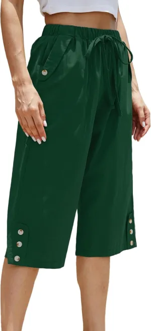 Women's Casual Cotton Pants Elastic Drawstring Capri Trousers Lightweight High Waisted Wide Leg Baggy Slacks
