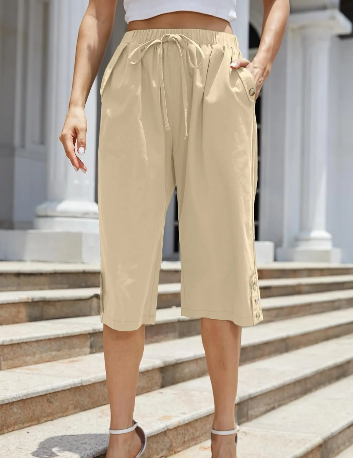 Women's Casual Cotton Pants Elastic Drawstring Capri Trousers Lightweight High Waisted Wide Leg Baggy Slacks