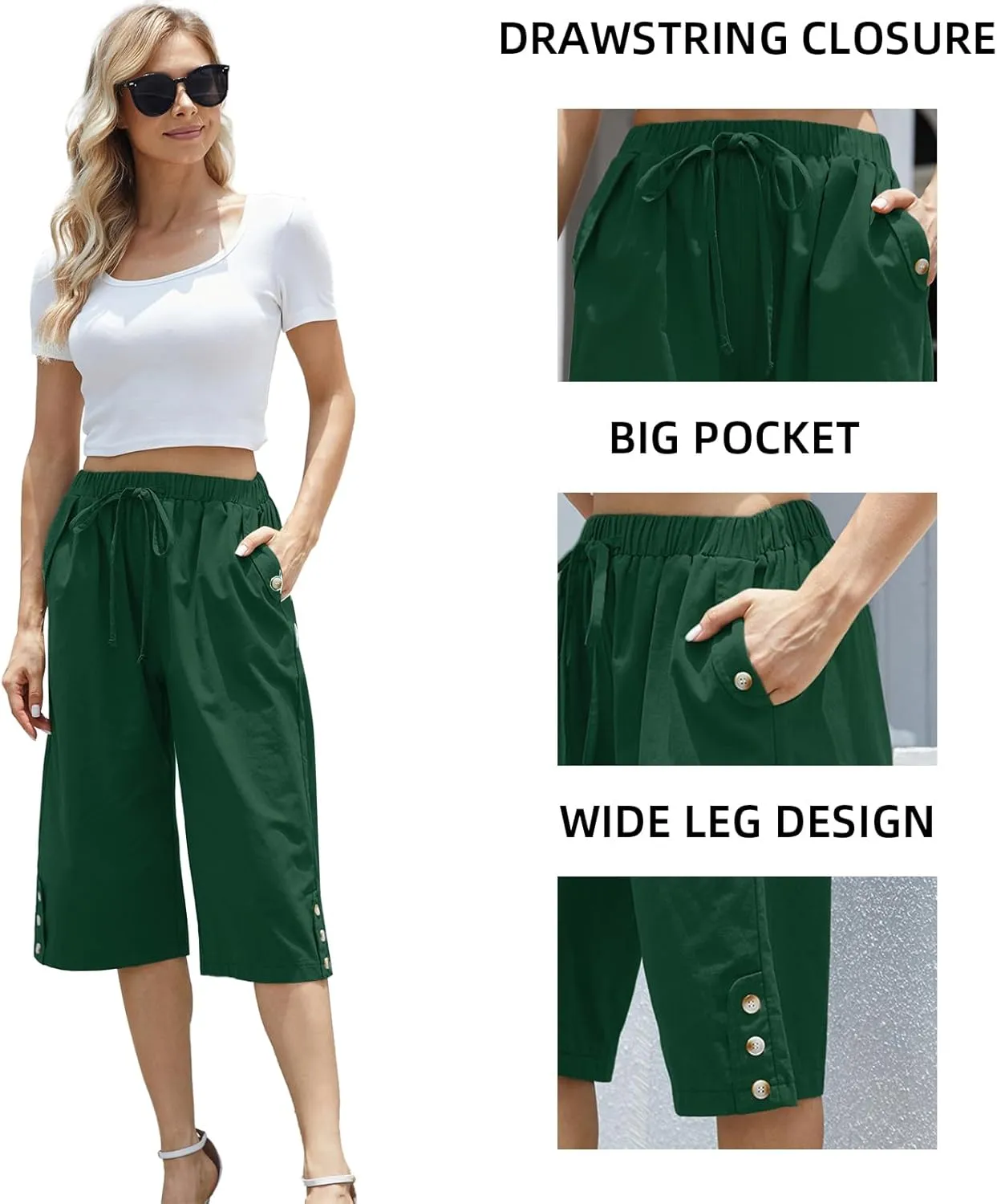 Women's Casual Cotton Pants Elastic Drawstring Capri Trousers Lightweight High Waisted Wide Leg Baggy Slacks