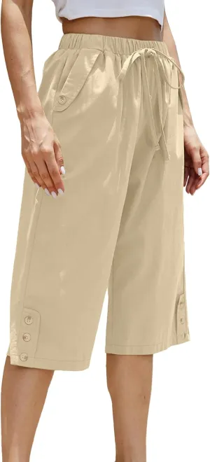 Women's Casual Cotton Pants Elastic Drawstring Capri Trousers Lightweight High Waisted Wide Leg Baggy Slacks