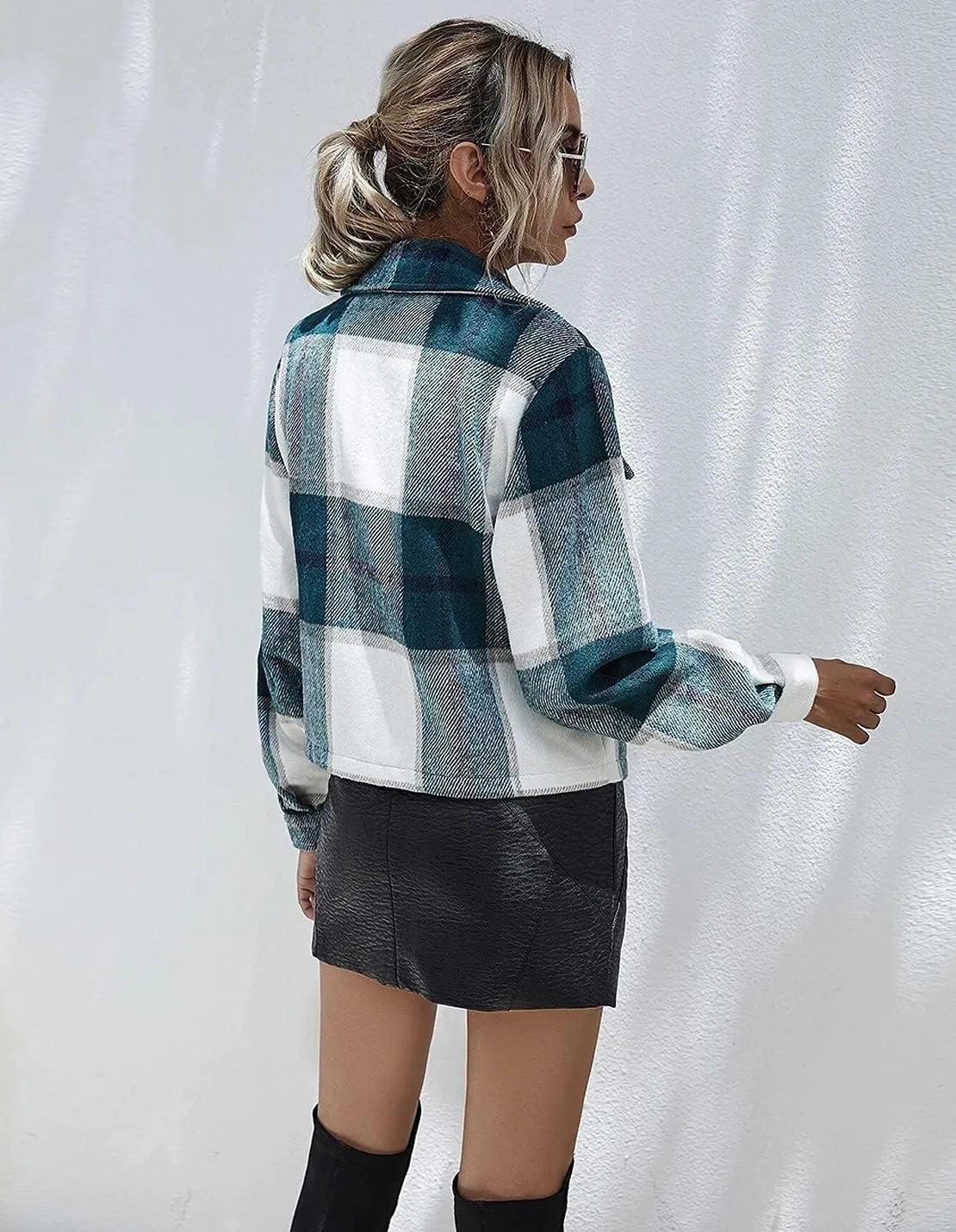 Women's Casual Flannel Wool Blend Plaid Shacket Long Sleeve Single Breasted Button Short Jackets Coat