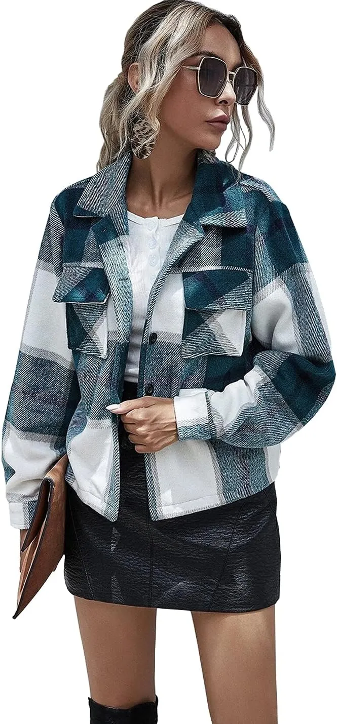 Women's Casual Flannel Wool Blend Plaid Shacket Long Sleeve Single Breasted Button Short Jackets Coat