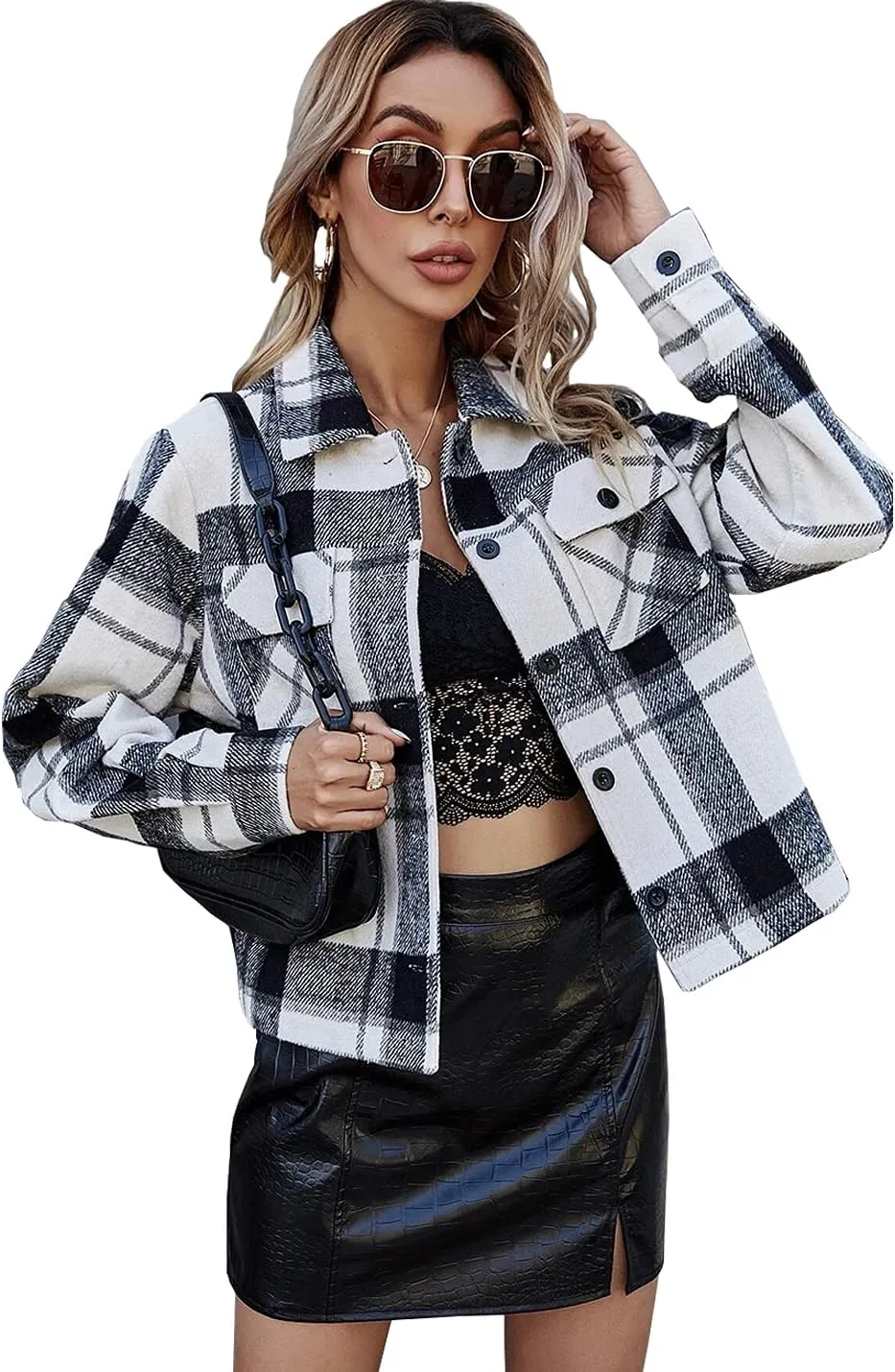 Women's Casual Flannel Wool Blend Plaid Shacket Long Sleeve Single Breasted Button Short Jackets Coat