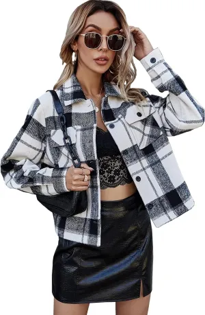 Women's Casual Flannel Wool Blend Plaid Shacket Long Sleeve Single Breasted Button Short Jackets Coat