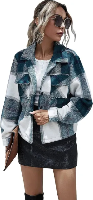 Women's Casual Flannel Wool Blend Plaid Shacket Long Sleeve Single Breasted Button Short Jackets Coat