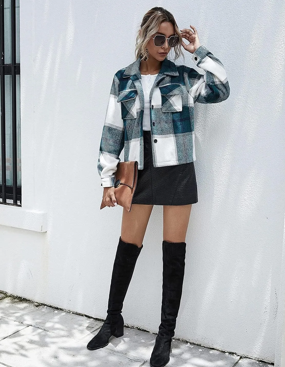 Women's Casual Flannel Wool Blend Plaid Shacket Long Sleeve Single Breasted Button Short Jackets Coat