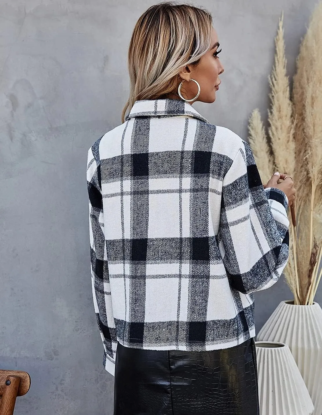 Women's Casual Flannel Wool Blend Plaid Shacket Long Sleeve Single Breasted Button Short Jackets Coat