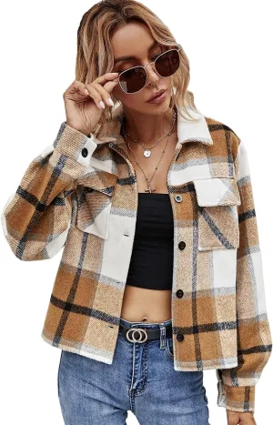 Women's Casual Flannel Wool Blend Plaid Shacket Long Sleeve Single Breasted Button Short Jackets Coat