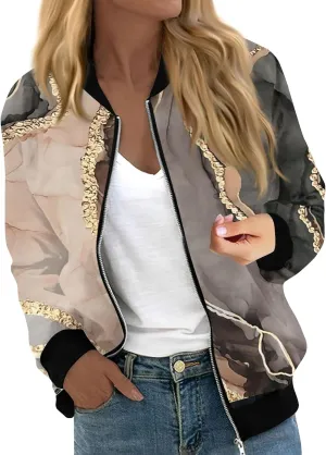 Women's Casual Floral Zip Up Bomber Jacket - Lightweight Long Sleeve Stand Collar Coat for Spring and Fall 2024