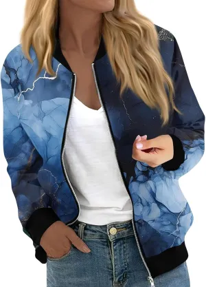 Women's Casual Floral Zip Up Bomber Jacket - Lightweight Long Sleeve Stand Collar Coat for Spring and Fall 2024
