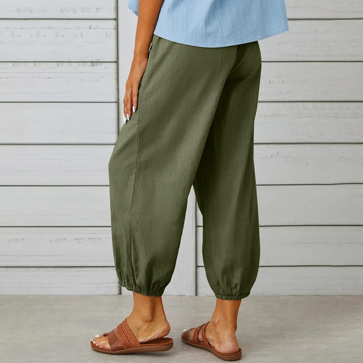 Women's Casual Lantern Tapered Harem Pants Loose Fit Style Flax Ankle Trousers Summer Baggy Slacks with Pocket