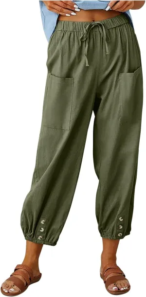 Women's Casual Lantern Tapered Harem Pants Loose Fit Style Flax Ankle Trousers Summer Baggy Slacks with Pocket