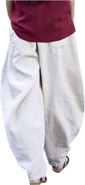 Womens Casual Linen Baggy Pants Elastic Waist Relax Fit Cotton Hippie Gypsy Harem Pant Drop Crotch Yoga Aladdin Pants