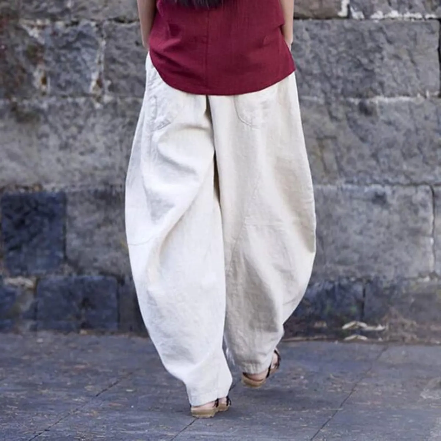 Womens Casual Linen Baggy Pants Elastic Waist Relax Fit Cotton Hippie Gypsy Harem Pant Drop Crotch Yoga Aladdin Pants