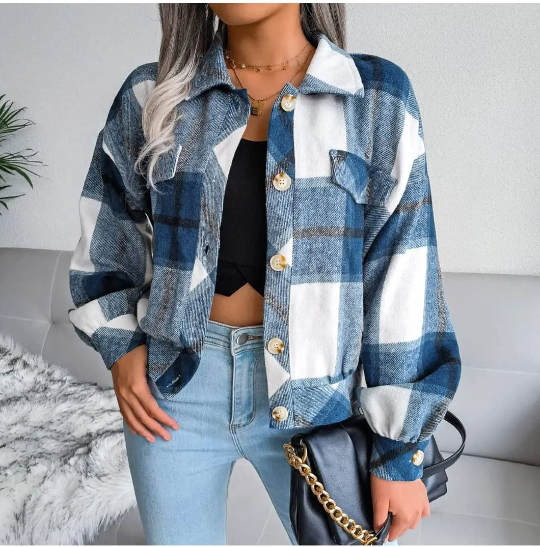 Womens Casual Plaid Shacket Long Sleeve Wool Blend Button Down Shirt Jacket Tops