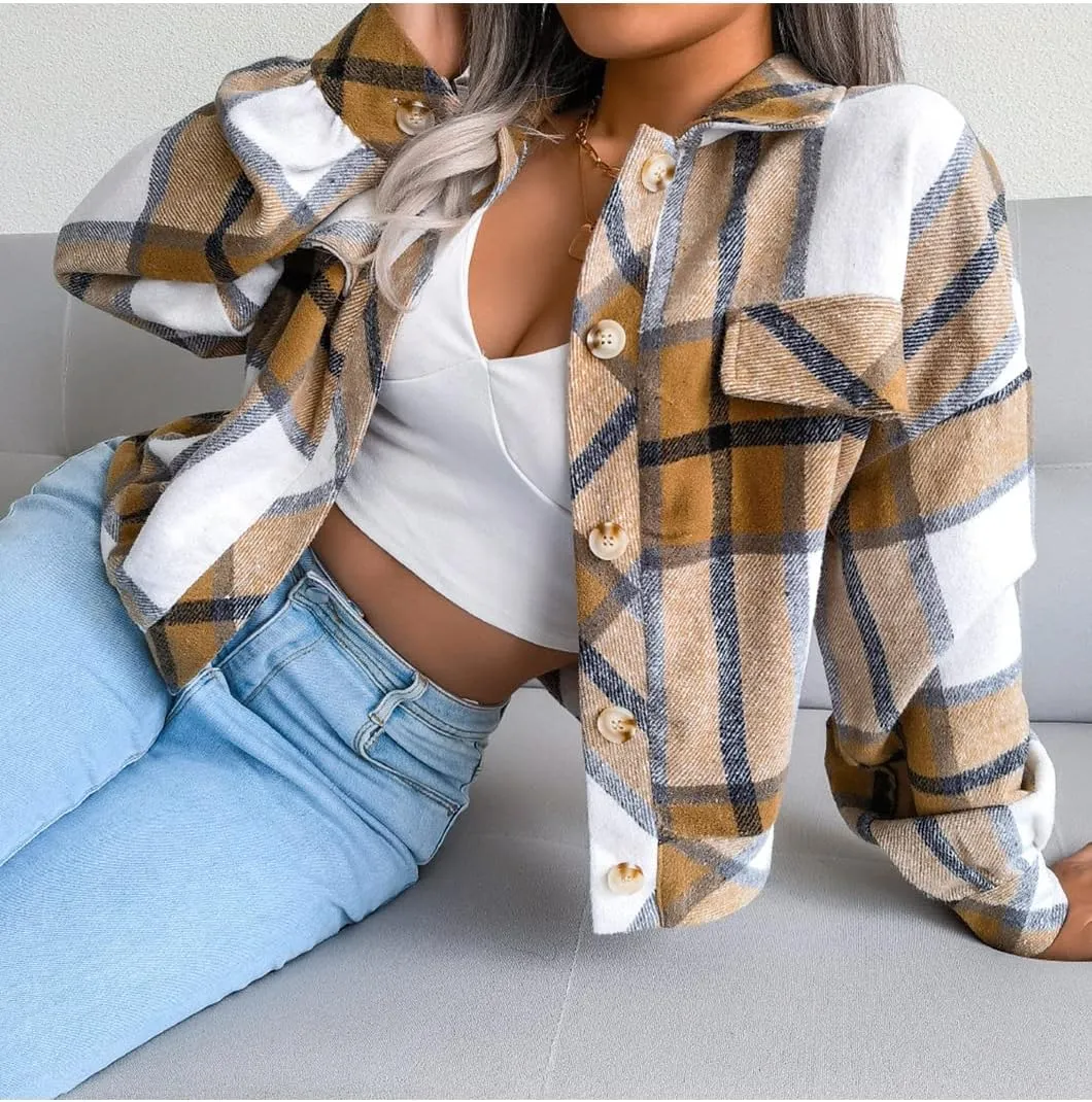 Womens Casual Plaid Shacket Long Sleeve Wool Blend Button Down Shirt Jacket Tops