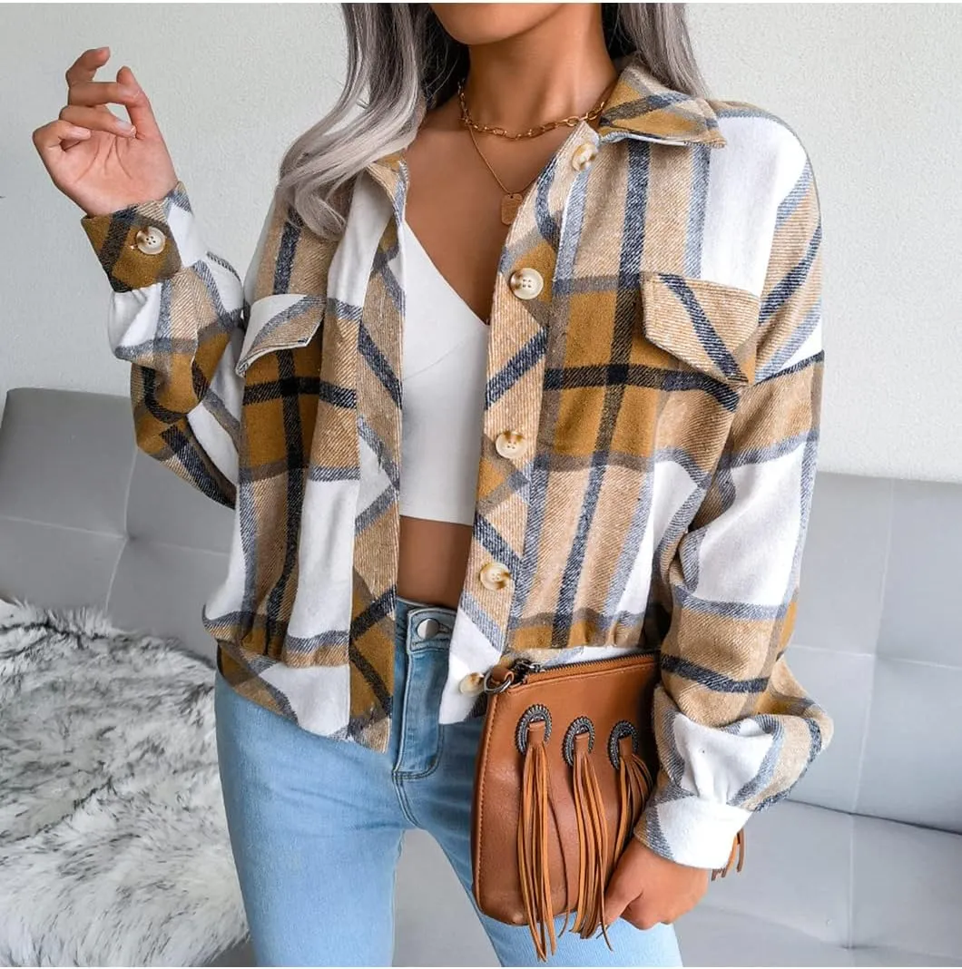 Womens Casual Plaid Shacket Long Sleeve Wool Blend Button Down Shirt Jacket Tops