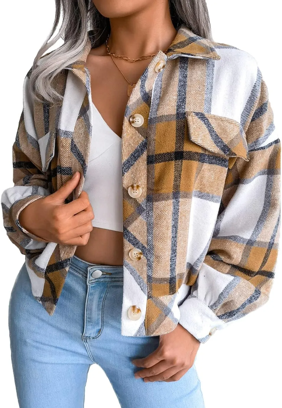 Womens Casual Plaid Shacket Long Sleeve Wool Blend Button Down Shirt Jacket Tops