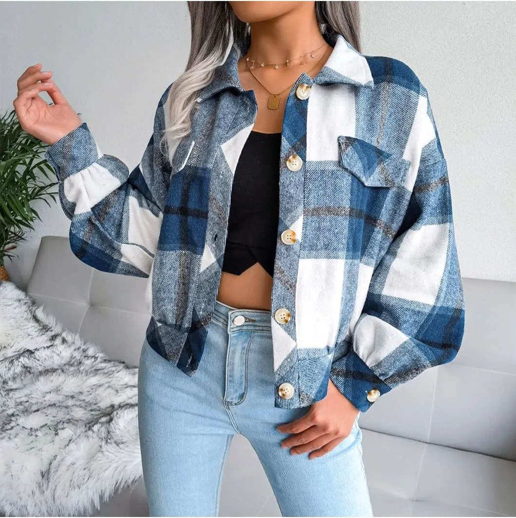 Womens Casual Plaid Shacket Long Sleeve Wool Blend Button Down Shirt Jacket Tops