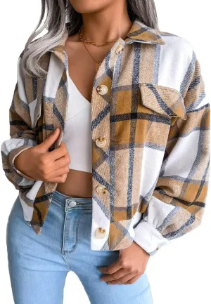 Womens Casual Plaid Shacket Long Sleeve Wool Blend Button Down Shirt Jacket Tops