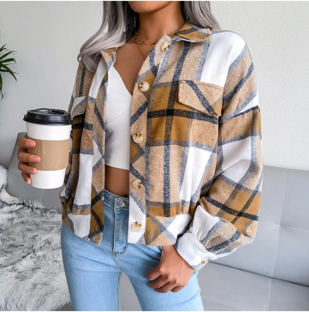 Womens Casual Plaid Shacket Long Sleeve Wool Blend Button Down Shirt Jacket Tops