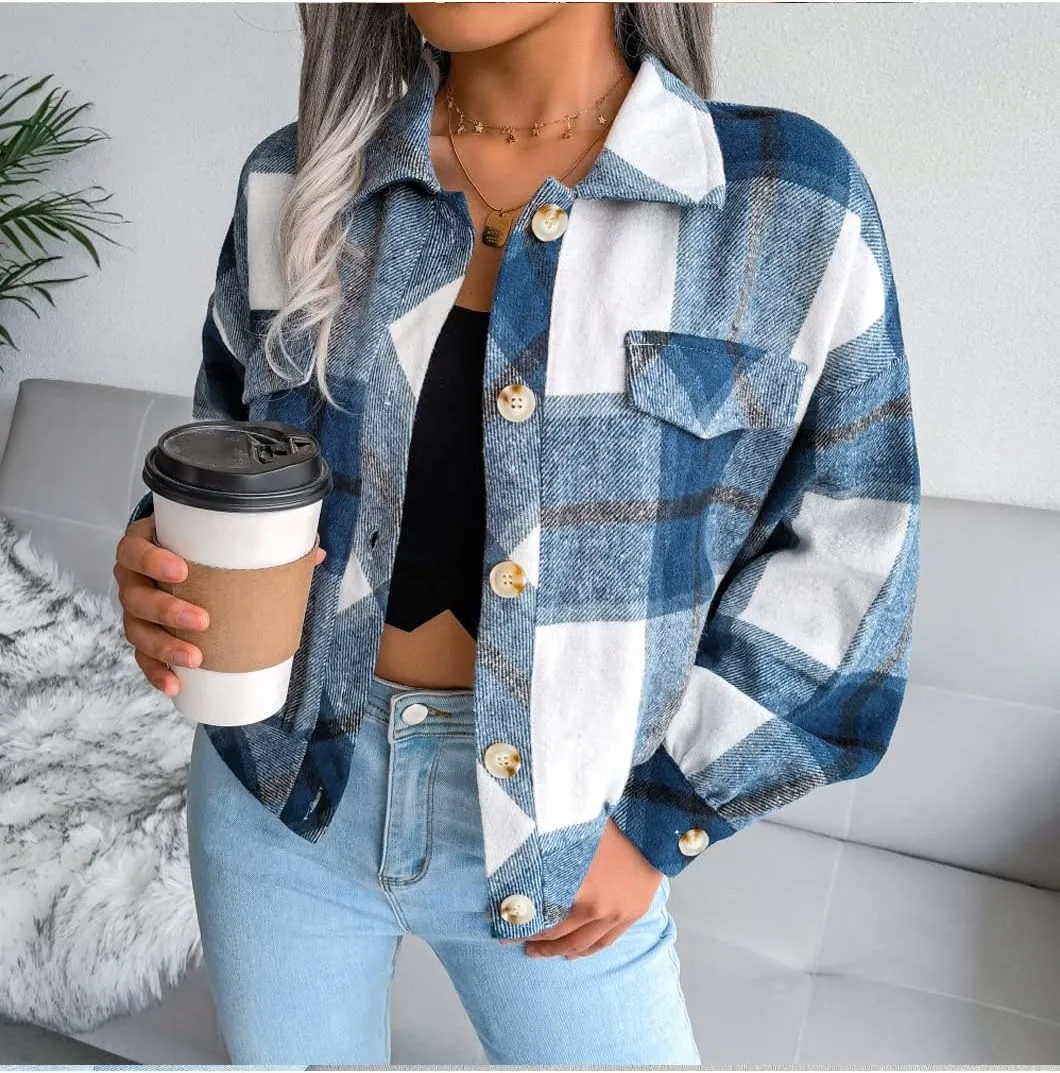 Womens Casual Plaid Shacket Long Sleeve Wool Blend Button Down Shirt Jacket Tops