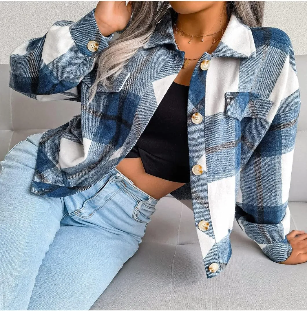 Womens Casual Plaid Shacket Long Sleeve Wool Blend Button Down Shirt Jacket Tops