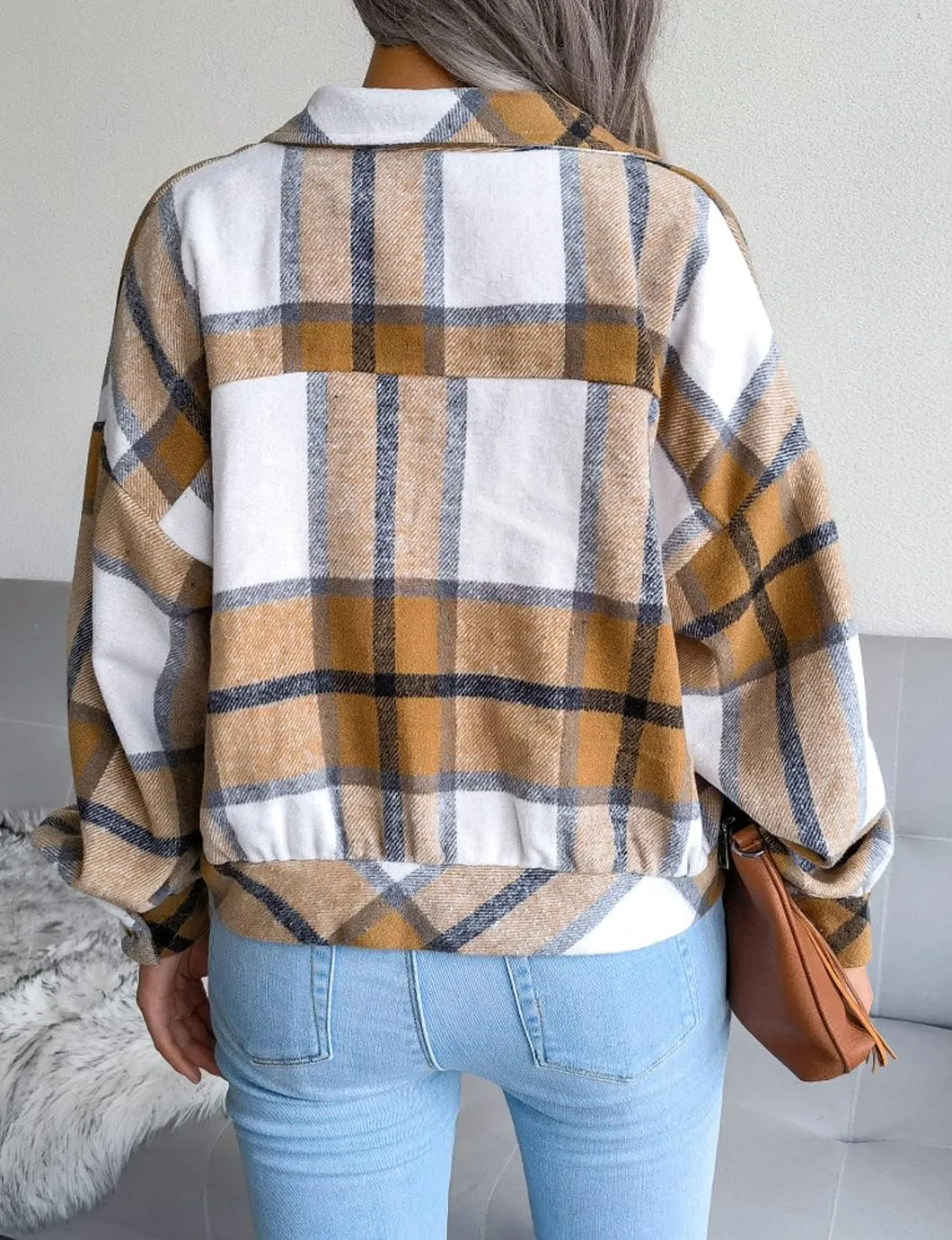 Womens Casual Plaid Shacket Long Sleeve Wool Blend Button Down Shirt Jacket Tops