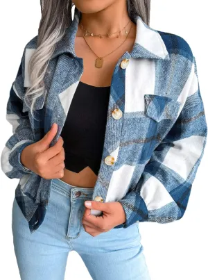 Womens Casual Plaid Shacket Long Sleeve Wool Blend Button Down Shirt Jacket Tops