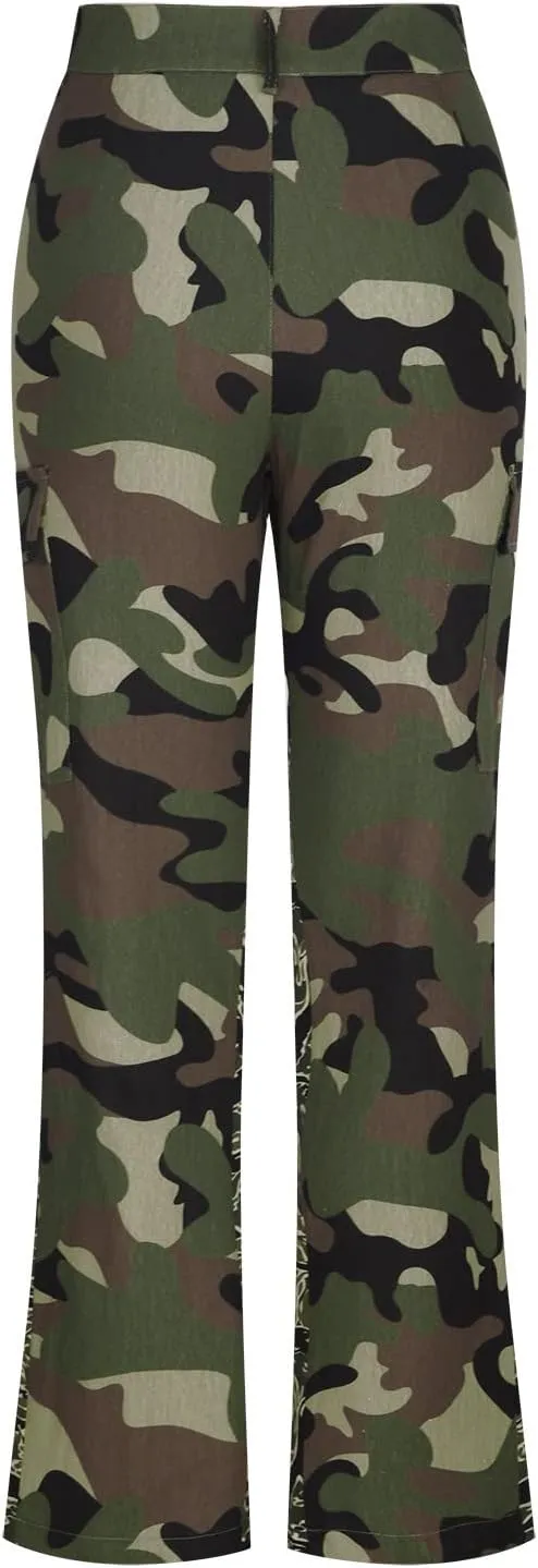 Women's Classic Camouflage Cargo Pants High Waist Straight Leg Combat Army Trousers Multicolor Pocket Camo Cargo Pant