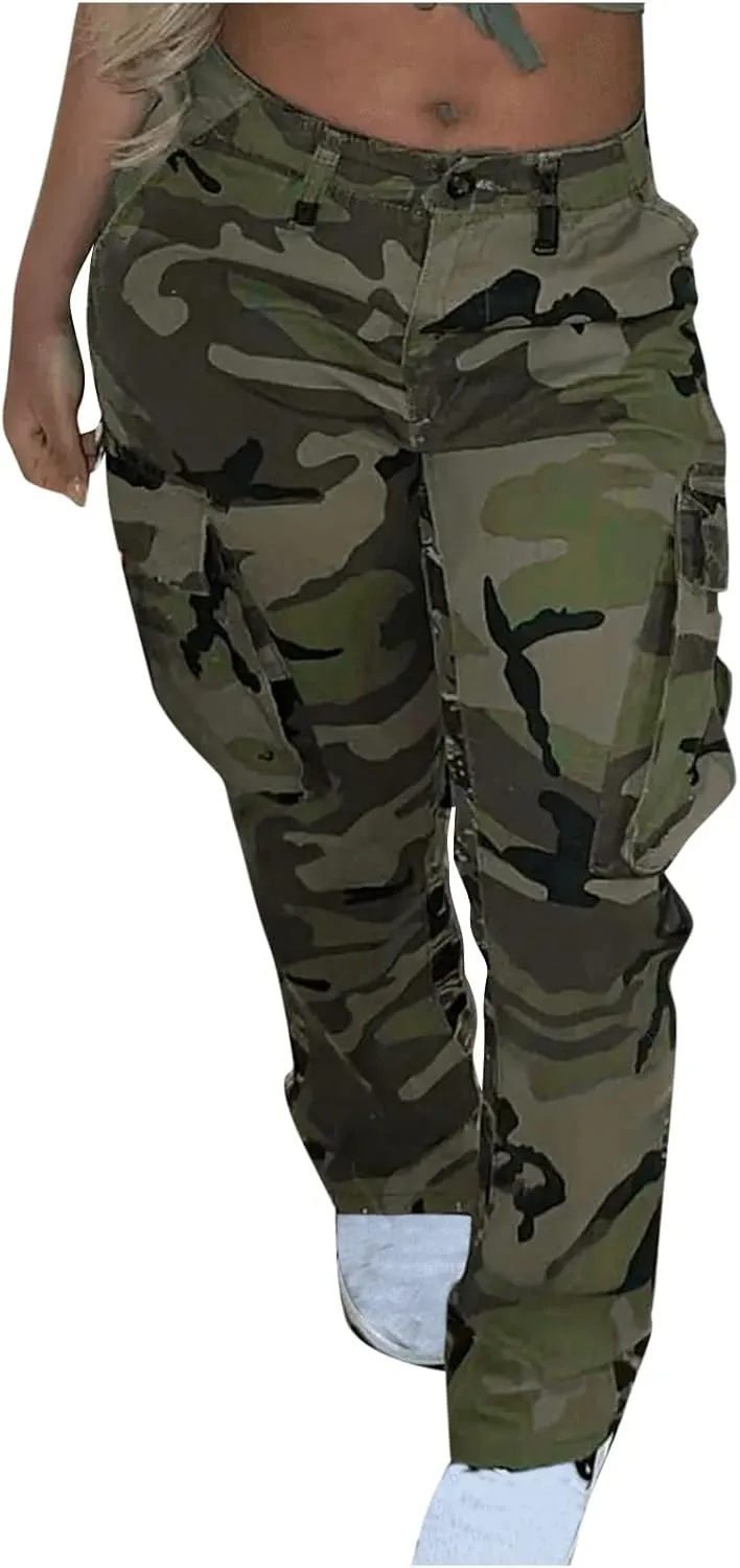 Women's Classic Camouflage Cargo Pants High Waist Straight Leg Combat Army Trousers Multicolor Pocket Camo Cargo Pant