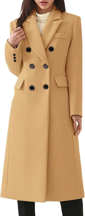 Women's Classic Notched Lapel Double-Breasted Warm Pea Coat Overcoat with Pockets
