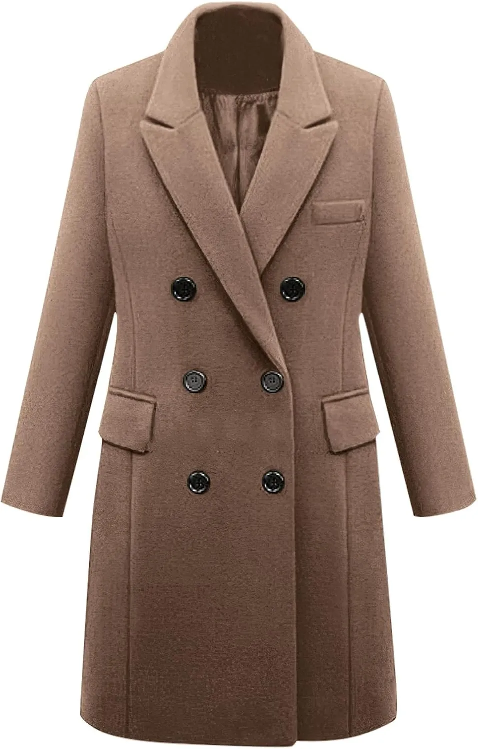 Women's Classic Notched Lapel Double-Breasted Warm Pea Coat Overcoat with Pockets