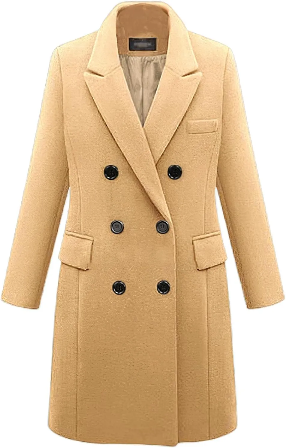 Women's Classic Notched Lapel Double-Breasted Warm Pea Coat Overcoat with Pockets