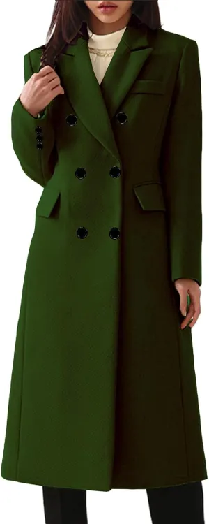 Women's Classic Notched Lapel Double-Breasted Warm Pea Coat Overcoat with Pockets