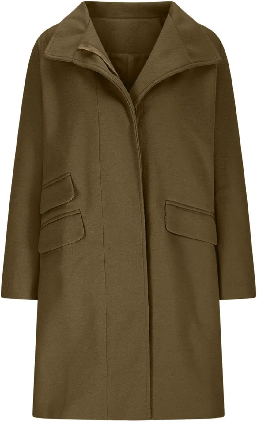 Womens Coats Classic Wool Blend Peacoat Stand Collar Zip up Trench Coats Winter Soild Mid Blazers Lounge Pea Coats