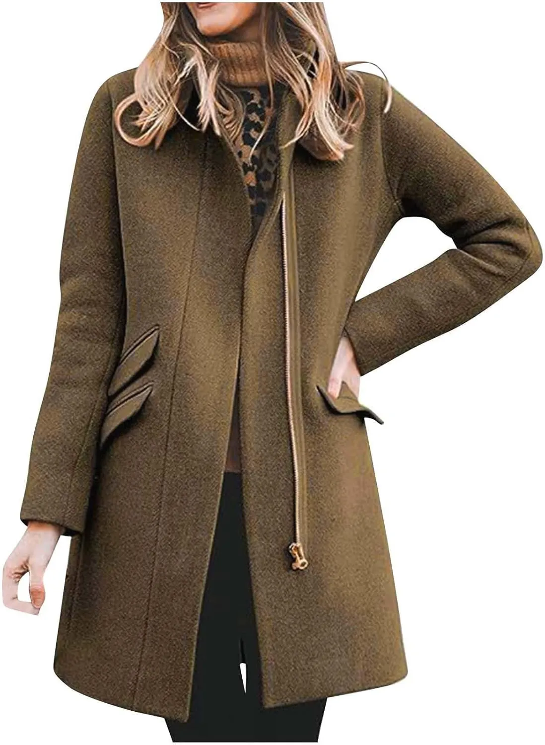 Womens Coats Classic Wool Blend Peacoat Stand Collar Zip up Trench Coats Winter Soild Mid Blazers Lounge Pea Coats