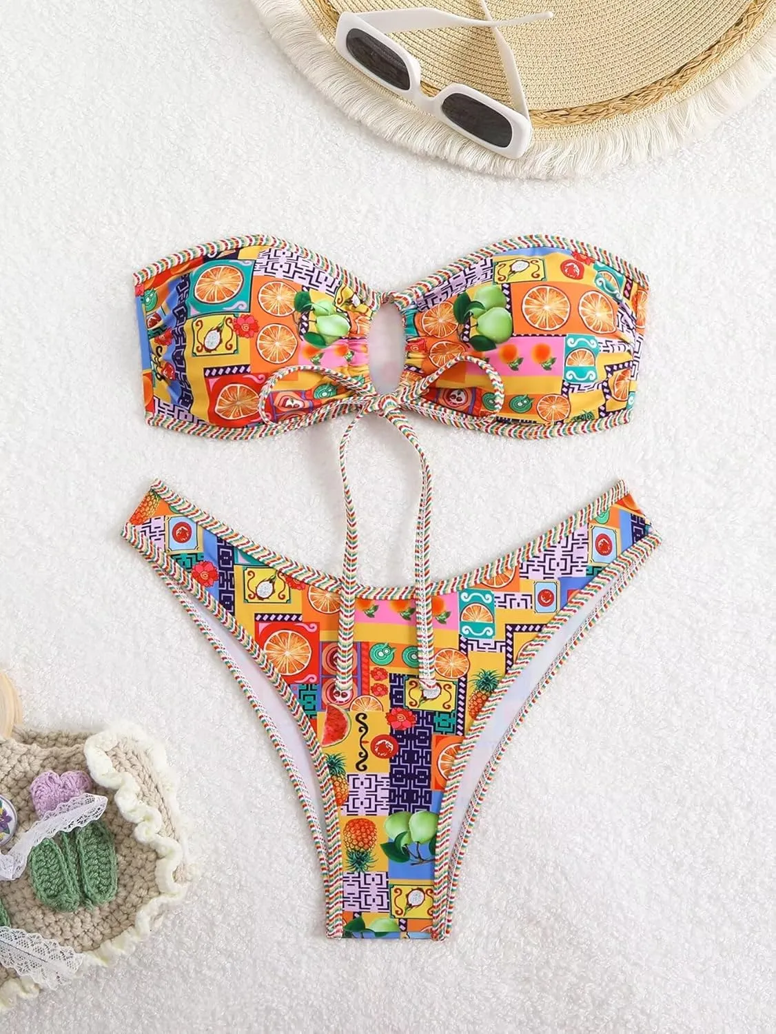 Women's Colorblock Textured Cute Bathing Suit High Waisted Tie Side Swimsuit Bikini Set