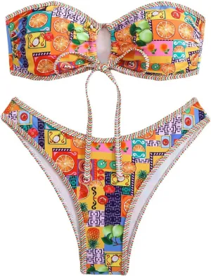 Women's Colorblock Textured Cute Bathing Suit High Waisted Tie Side Swimsuit Bikini Set