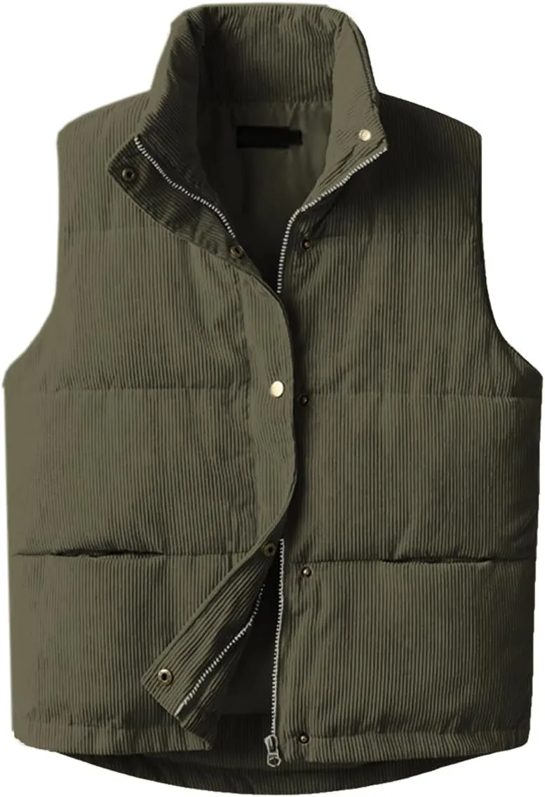 Womens Corduroy Puffer Vest Sleeveless Stand Collar Zip Up Snap Lightweight Jacket Padded Gilet Outerwear