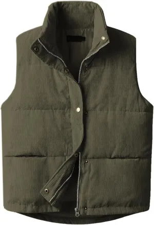 Womens Corduroy Puffer Vest Sleeveless Stand Collar Zip Up Snap Lightweight Jacket Padded Gilet Outerwear