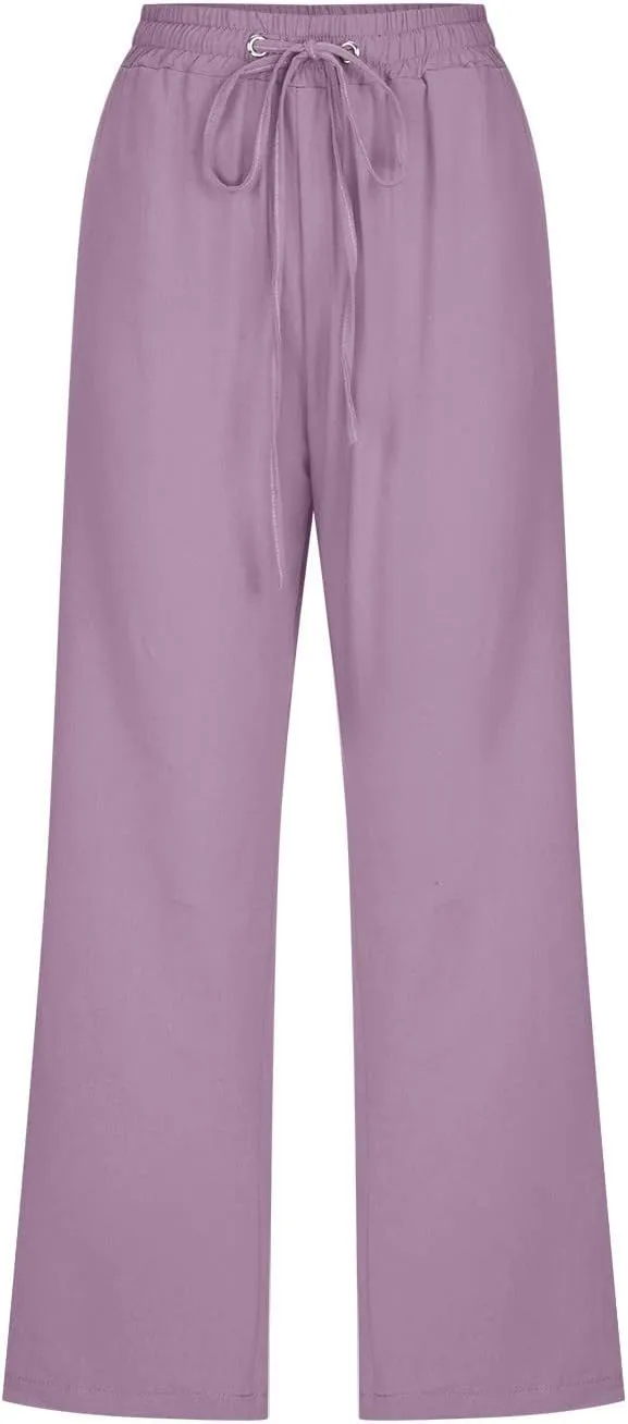 Womens Cotton Linen Capri Pants Casual Summer Pants Plus Size Drawstring Elastic Waist Cropped Trouser with Pockets