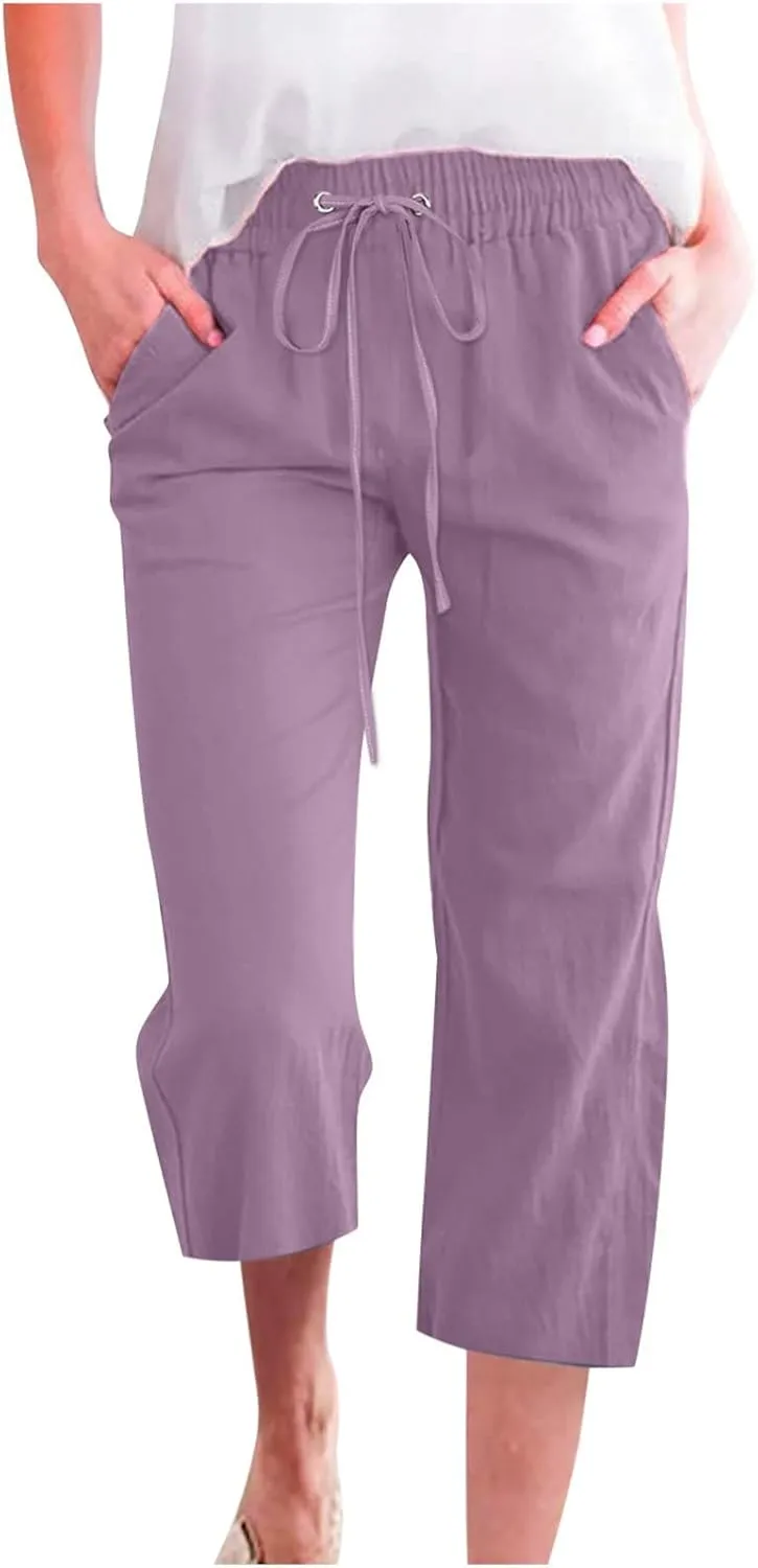 Womens Cotton Linen Capri Pants Casual Summer Pants Plus Size Drawstring Elastic Waist Cropped Trouser with Pockets