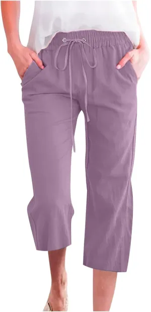 Womens Cotton Linen Capri Pants Casual Summer Pants Plus Size Drawstring Elastic Waist Cropped Trouser with Pockets
