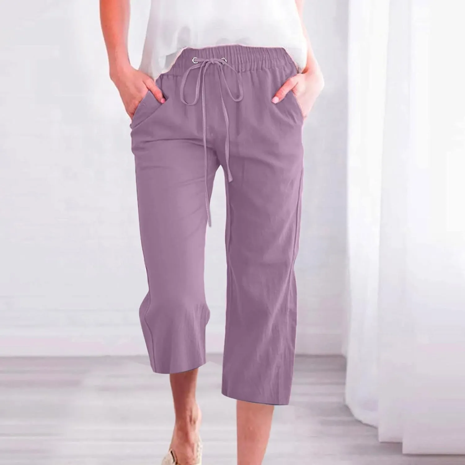 Womens Cotton Linen Capri Pants Casual Summer Pants Plus Size Drawstring Elastic Waist Cropped Trouser with Pockets