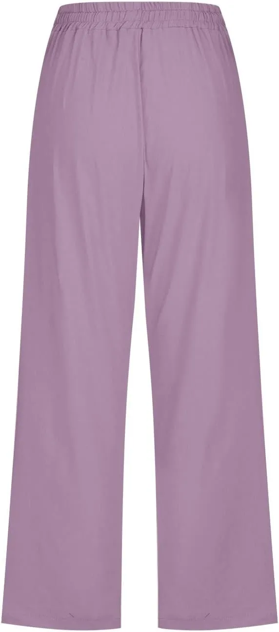 Womens Cotton Linen Capri Pants Casual Summer Pants Plus Size Drawstring Elastic Waist Cropped Trouser with Pockets