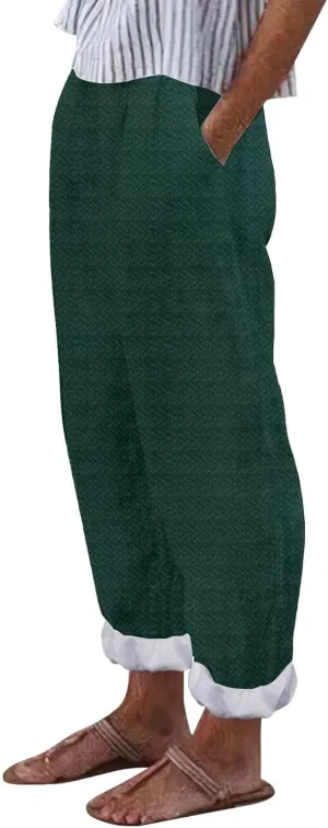 Women's Cotton Linen Capri Pants Elastic High Waisted Straight Leg Lounge Pants Casual Loose Fit Summer Trousers
